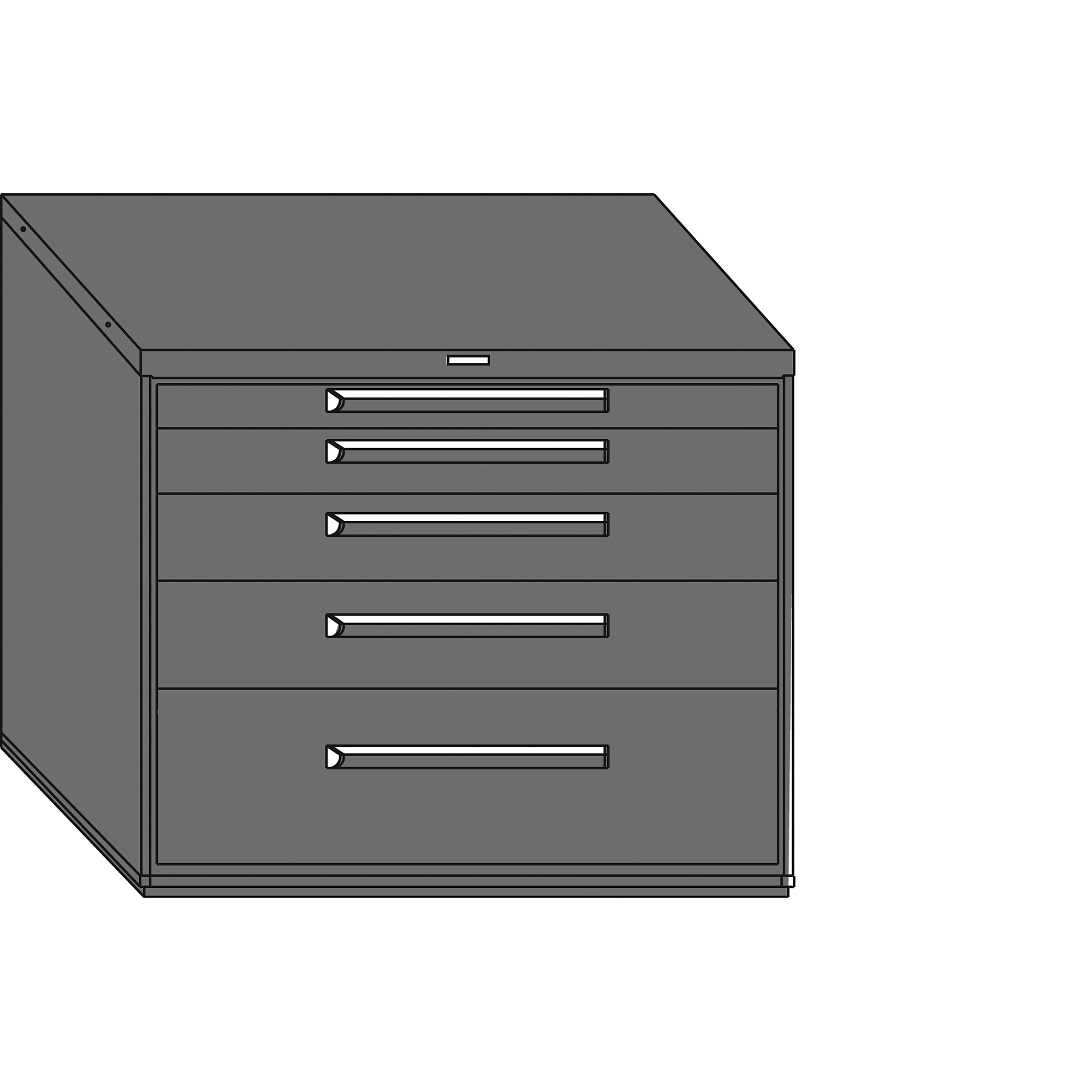 Equipto, 45in. wide Modular Drawer Cabinet- No Dividers, Height 38 in, Width 45 in, Drawers 5 total;1 3"h, 1 4.5"h, 1 6"h, 1 6.75"h,, 1 12.75"h Model # 444538-999MT-GY; Color: Smooth Office Gray